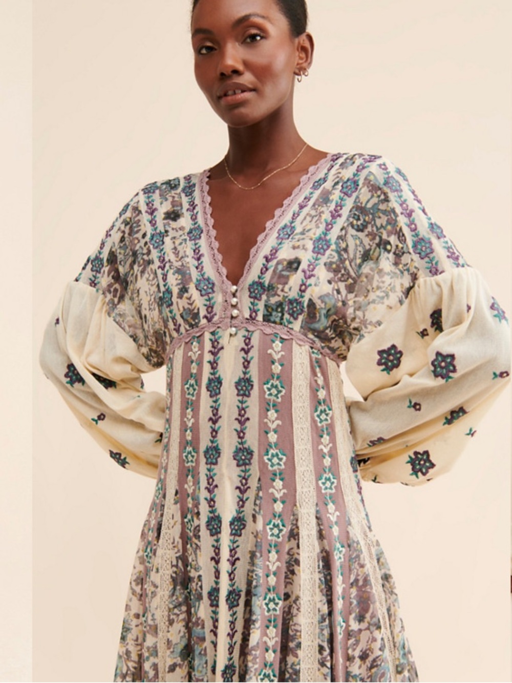 Anthro Let Me Be Floral Embroidered Lace Long Sleeve Bohemian Maxi Dress Medium